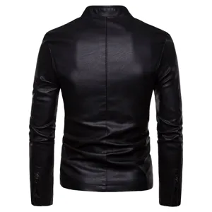 Veste en similicuir noir pour homme coupe slim col montant manteau moto hiver style