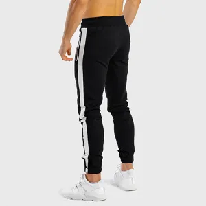 Men's slim fit athletic sweatpants with white side stripes, casual fitness jogging pants.