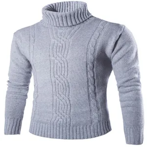 Heren grijs coltrui met kabeltrui patroon, klassieke lange mouw trui detailweergave.