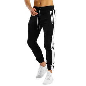Men slim fit black sweatpants with white side stripes, adjustable drawstring and zippered pockets.