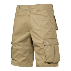 Detailansicht von Kaki-Cargoshorts mit praktischen Taschen und strapazierfähigem Stoff.