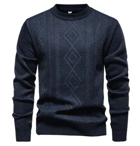 Herren klassischer Rundhals Zopfmuster Pullover dunkelblau Winter warm dicker Strickpullo
