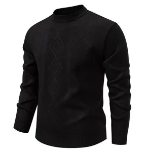 Schwarzer Herren Strickpullover Rundhalsausschnitt langarm Rautenmuster Detailansicht.