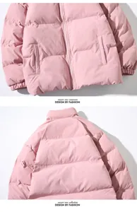 Giacca invernale imbottita rosa casual con colletto alto, dettaglio cappotto caldo.