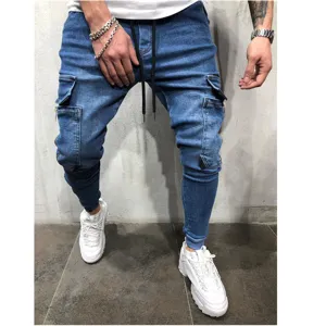 Men's washed denim cargo joggers pants with side pockets, casual streetwear trousers.