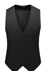 Men's slim fit suit vest closeup, featuring V-neck design, 4-button closure and classic pocket details.