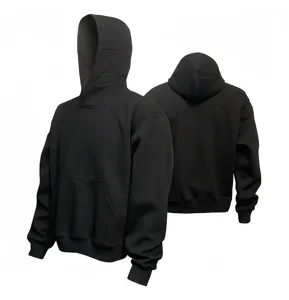 Black hoodie back and front view detail, showing casual loose fit, hood, and front pocket.