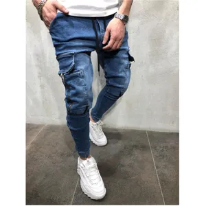 Men cargo denim jeans jogger pants with multi pockets and zipper details for streetwear fashion