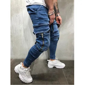 Men's blue washed denim cargo joggers featuring multi-pockets and stylish knee zipper details.