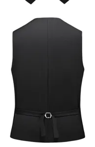 Men's black suit vest back detail showcasing adjustable back strap and metallic buckle.