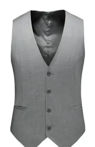 Detail view of men's gray suit vest showcasing buttons and fine pocket craftsmanship.