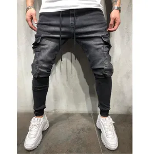 Men's washed denim cargo joggers with multi-pockets, drawstring waist, and cuffed hem.