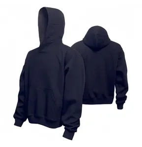 Detailed view of the dark blue casual pullover hoodie, showing the front pocket and back design.