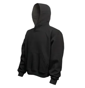 Detailed view of men's casual black solid color oversized hoodie with kangaroo pocket.