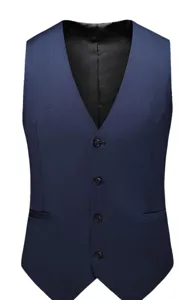 Men solid color slim suit vest detail view showing V-neck, buttons and fine pocket tailoring.