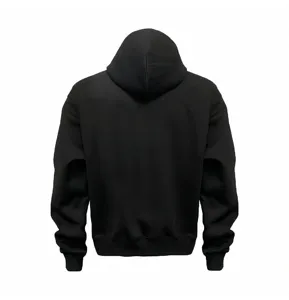 Back detail shot of a solid black hoodie, showing clean solid color design and classic fit.