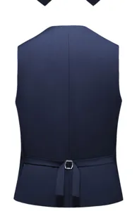 Detail view of back strap and metal buckle on navy blue men's business suit waistcoat vest.