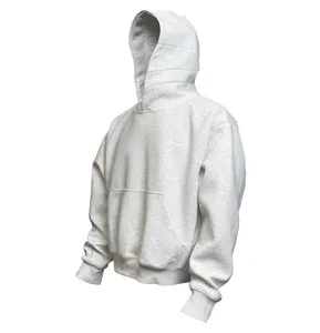 Close-up detail of the grey cotton hoodie, featuring ribbed cuffs, pocket, and hood.