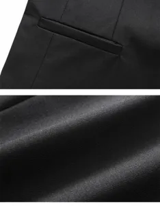Men's solid color suit vest detail closeup, premium fabric texture and pocket design for business.