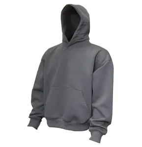 Dark grey heavy hoodie detail view, minimalist boxy fit sweatshirt with a comfortable hood.