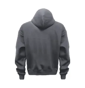 Back view detail of solid color hooded sweatshirt, comfortable casual wear fabric.