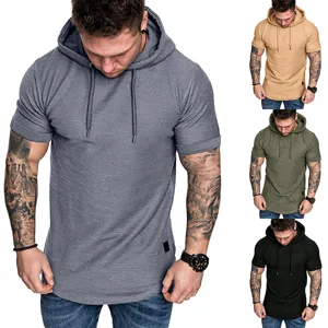 Herren Casual Kapuzen T-Shirt Baumwollmischung Kurzarm Top Muscle Fit Atmungsaktiv Sommer Hoodie Tee Mit Kordelzug Abgerundeter Saum