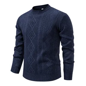 Herren dunkelblauer thermo strickpullover winter freizeit rundhals pullover mit klassischem rautenmuster.