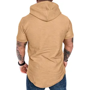 Herren lässiges einfarbiges Kurzarm Kapuzen T-Shirt, gebogener Saum Rückansicht Detail.