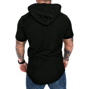 Herren Kurzarm Kapuzen T-Shirt einfarbig lässiges Sommer Oberteil Rückansicht Detail.