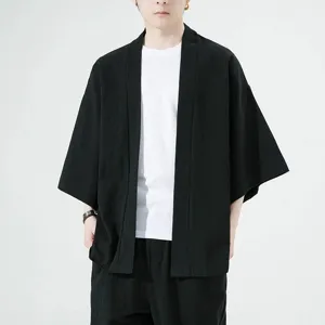 Close-up detail of mens cotton linen 7-sleeve casual cardigan lightweight summer jacket top.
