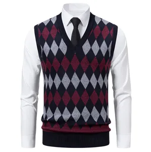 Men's argyle V-neck knit sweater vest featuring classic diamond pattern knit design detail.
