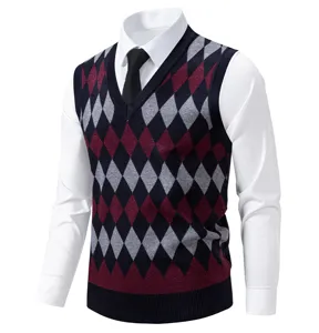 Men's classic argyle sweater vest V-neck knitwear layered with white shirt details.