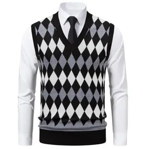 Close-up view of the classic black and white argyle knit vest featuring a clean V-neck design.