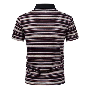 Back view detail of men's striped short sleeve polo shirt, breathable casual summer top.