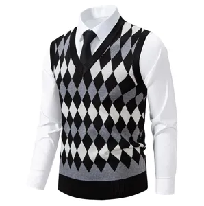 Men's classic argyle knit sweater vest detailed view, stylish black grey V-neck apparel.