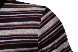 Men's fashion striped knit polo shirt shoulder detail showcasing premium texture and design.
