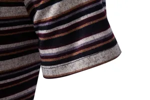 Close-up detail shot of multi-color horizontal striped men's t-shirt sleeve fabric texture.