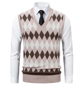 Close-up of men's argyle sweater vest, V-neck knitwear detail, classic pattern design.