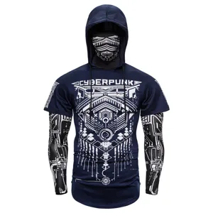 Detail view of men cyber style hooded long sleeve t-shirt with tactical mask and graphic.
