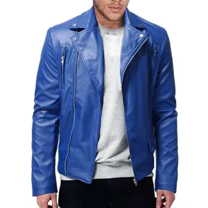 Blue leather jacket detail view, asymmetrical zipper closure and metallic lapel snap buttons.