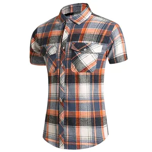 Men's short sleeve plaid shirt casual button down summer workwear with double pockets