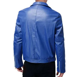 Back view of men's blue faux leather jacket, featuring stylish zipper cuffs and belt details.