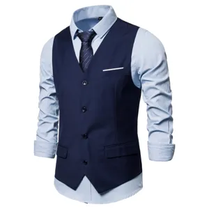 Men's business casual single-breasted suit vest paired with light blue shirt detail view.