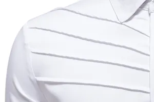 White long sleeve shirt detail showing stylish pleated chest and classic collar design.