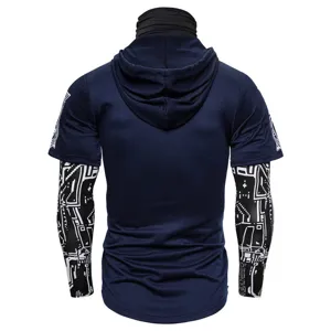 Men tactical ninja hooded t-shirt detail showing back design and cyberpunk sleeve print.