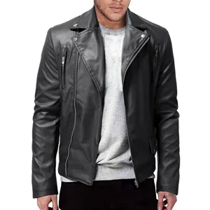 Men black leather jacket detail view, classic motorcycle biker style with zipper pockets.