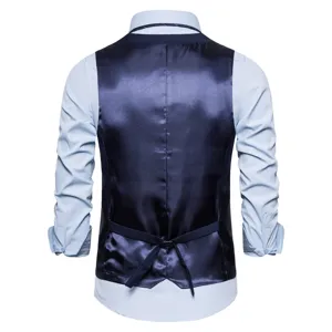 Men's solid color business casual suit vest, elegant dark blue satin back view design.