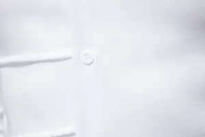 Close-up detail of white men casual long sleeve shirt fabric texture and button placket design.