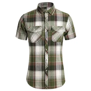 Men's short sleeve plaid work shirt, casual button down shirt with double chest pockets.