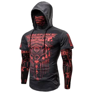 Cyberpunk mens tactical hoodie fitness t-shirt with face mask and printed sleeves.